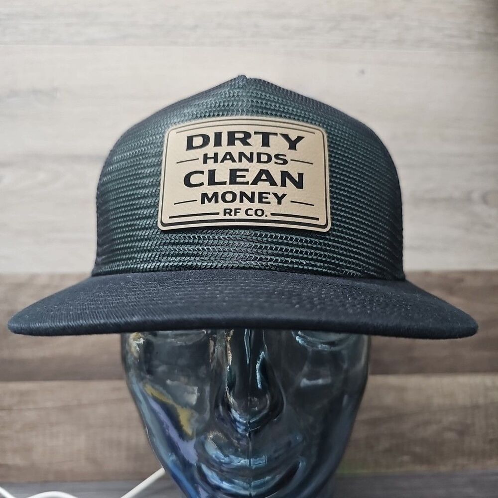 DIRTY HANDS CLEAN MONEY RF CO. Trucker Snapback Hat Cap Black/Dark Green (Patch)
